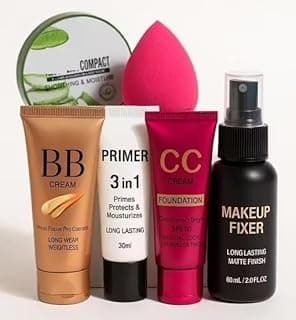 Hunaysa Makeup Starter Kit with BB Cream, CC Cream Foundation SPF 30, 3in1 Primer, Makeup Fixer Spray, Beauty Blender Sponge with Compact