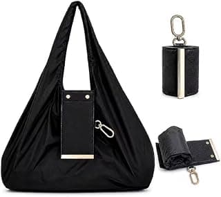 Foldable Shopping Tote Bag with Keychain Pouch for Women, Reusable Nylon Grocery Bag, Lightweight Portable Travel Purse
