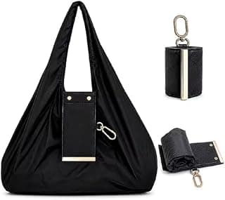 LAILAI Foldable Tote Bag for Women with Keychain Storage Pouch, Reusable Shopping Tote Bag, Lightweight Portable Travel Handbag, Large Capacity Grocery Carry Bag with PU Leather Details (Multicolor)