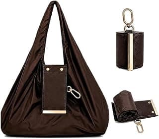 Foldable Shopping Tote Bag with Keychain Pouch for Women, Reusable Nylon Grocery Bag, Lightweight Portable Travel Purse