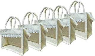 Jute Tote Bags with Lace Detail and Rope Handles, Pack of 5