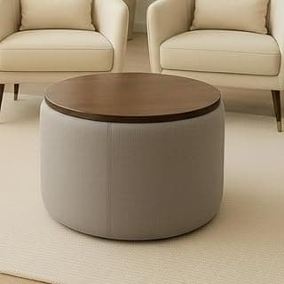 Elegant Round Coffee Table with Wooden Top & Storage Ottoman | Modern Centre Tea Table for Living Room | Farmhouse Wood Drum Coffee Table Furniture for Home & Lounge | Grey Finish