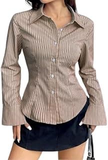 Women's Relaxed Fit Striped Cotton Casual Shirt, Spread Collar, Long Sleeve, Blue and Pink