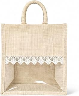Jute Tote Bag with Lace Trim and Window, Natural Gift bag,sanu DehatiBazar