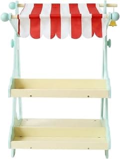 Wooden Grocery Store Playset Striped Canopy Pretend Market Stall Display Shelves Wooden Market Stall