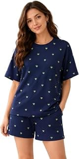 Women's Cotton Blend Heart Print Night Suit Set, Half Sleeve Round Neck T-Shirt with Shorts, 2 Piece Sleepwear & Loungewear Set for Women