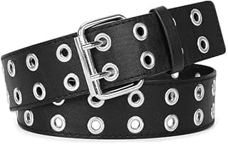 Unisex Faux Leather Double Hole Belt with Durable Metal Eyelets and Silver Buckle for Casual and Street