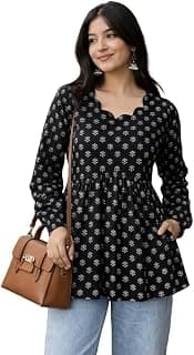Women's Black Floral Print Peplum Top with Scallop Neckline
