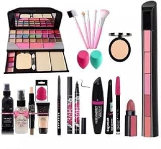 T.Y.A Fashion 6155 Makeup Kit with 5 Pink Makeup Brushes, 3in1 Eye Combo, 36H, Kajal, Compact, Lipstick, Fixer,Primer,Contor,Foundation, 3 Makep Puffs - (Pack of 20)