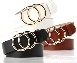 Women Faux Leather Belt Pack of 3 Adjustable Waist Accessories for Dresses Jeans Skirts and Casual Outfits BLACK + BROWN + WHITE