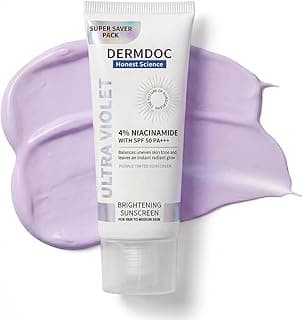 DERMDOC SPF 50 Ultra Violet Brightening Tinted Sunscreen with 4% Niacinamide, 100g | PA +++ | With Purple Tint | Evens Skin Tone | Lightweight | UVA & UVB Protection | Zero White Caste | Strengthens S