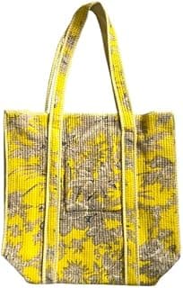 Quilted Kantha Tote Bag, Yellow Floral Print | Hand Block Printed, Striped Trim Detail, Shoulder Carry, Spacious Tote, Boho Style