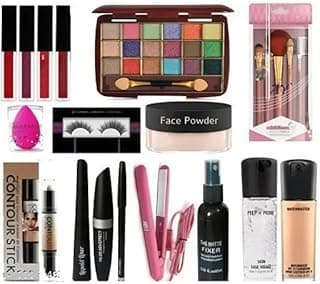 Professional Makeup Kit with 15 Color Shimmer Eyeshadow Palette, Mini Makeup Brushes, Face Powder, Hair Straightener, Beauty Blender, Mascara Set, Pink