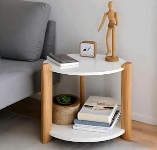VIXERA Modern Round Side Table, Home Decor for Living Room, Bed Side Tables for Bed Room, stools for Home, Furniture for Home, 2-Tier Beige Shelves