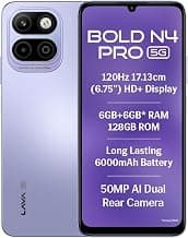 Lava Bold N4 Pro 5G (Opulent Lilac, 6GB RAM, 128GB Storage) | 50MP AI Rear Camera | 6000mAh Battery with 18W Fast Charge | 500K+ Antutu | IP64 Rated |Clean Android 16 | Free Service @ Home