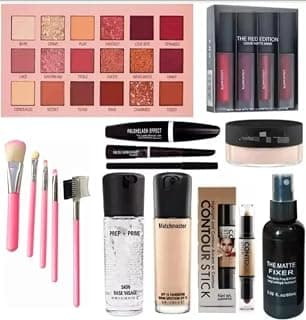 All-in-One Makeup Kit Combo Set for Women – Eyeshadow Palette, Liquid Matte Lipstick Set, Foundation, Primer, Face Powder, Contour Stick, Makeup Brushes, Mascara & Setting Spray | Full Professional Ma