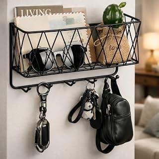 CentraLit Stylish Metal Key Holder with Mobile Stand for Home Decor | Wall Mount Organiser with Shelf & Hooks | Modern Entryway Organizer for Keys, Mail 5 Hook Key Holder for Wall