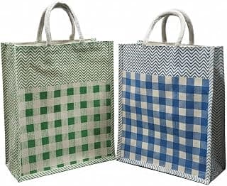 PARA BOLA Reusable Canvas Tote Bags for Shopping, Groceries, Picnic & Daily Use – Eco-Friendly, Durable Jute Bags with Sturdy Rope Handles – Large Checkered Tote Bag Set (Green & Blue, 14x12x5 in)