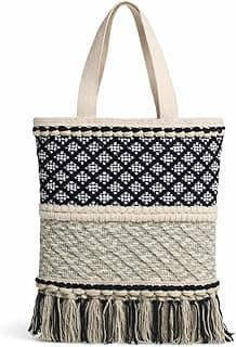 Woven Tote Bag with Tassel, Dark Blue and Natural Striped Pattern, Fringe Detail, Canvas Shoulder Bag, Eco Friendly, Womens Tote Bag Boho Style Bags 16x15 Inches Bag with Tassels
