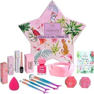 Whimsy Beauty Organic & Safe Blossom Makeup Kit| Safe, Non-Toxic Beauty Set for Girls & Teens |Eye Glitter, Lip Cheek Tint, Lip Gloss,Eye Liner, Nail Paint and Mermaid Brushes (Pack of 14)