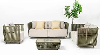ENTWINE Outdoor 6 Seater Sofa Set || Balcony Sofa || Patio Furniture Sets || Conversation Sets || Braid & Rope Garden Sofa Set and Center Table (Dark Green+ Beige)