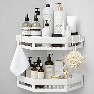 No Drill Bathroom Corner Shelf Organizer | Wall Mounted Plastic Corner Rack for Bathroom & Kitchen | 2-Tier Shelves with 4 Hooks | Rustproof, Heavy Duty Storage | White (Set of 2)