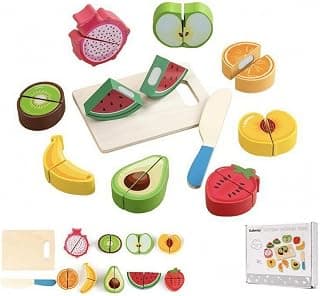 Bright Colors Pretend Food Cutting Set Smooth Edges Wooden Food Slicing Toy Printed Details Wooden Cutting Toy Fine Motor Skills for Children, Fruit