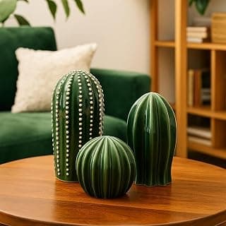 PUREZENTO 'CactusGlow' Ceramic Showpiece - Set of 3 | Stylish Boho Minimalist Cactus Green Matte Finish Figurines | Ceramic Decorative Showpiece for Home Decor, Living Room, Office, Tabletop & Shelf