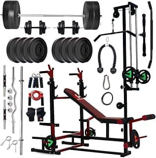 20 in 1 Home Gym Bench Pro with 20KG PVC Coated Plates Combo Kit, Curl Rod, Straight Bar, Dumbbells, Plates, Skipping Rope, Gripper & Gloves, Full Body Workout Set