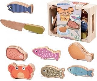 Bright Colors Wooden Pretend Food Set Cartoon Details Wooden Play Food Set Storage Box Kids Kitchen Accessory Toy Cut-Out Handles, Beech Meat