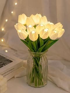 MoonlitDreams Artificial White Tulip Flower Lamp with LED Lights, 5 Tulip Bouquet Night Light for Bedroom Decor | Plug in Aesthetic Room Décor Gift