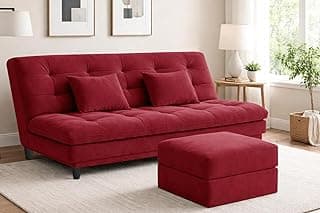 Modern 3-Seater Futon Sofa Bed with Ottoman – Tufted Sleeper Couch Sofa with Adjustable Backrest– Living Room Furniture-Red