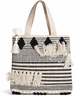 Woven Tote Bag with Tassel, black and Natural Striped Pattern, Fringe Detail, Canvas Shoulder Bag, Eco Friendly, Womens Tote Bag Boho Style Bags 16x15 Inches Bag with Tassels