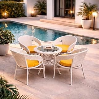 Lotey Outdoor D-12 Chairs Table Set 4+1 Wicker Patio Furniture Sets 4 Chair and 1 Table with Cushions for Garden Balcony Bedroom Powder Coated Frame Uv Protected Wicker (Cream +Yellow)