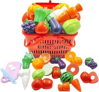 PLUSPOINT 15 Pcs Fruit & Vegetable Cutting Toy Set with Basket | Sliceable Pretend Play Kitchen Toys for Kids | Learning Toy with Knife & Cutting Board for Boys & Girls