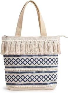 Women's Boho Canvas Tote Bag with Tassels and Shell Detail | Cotton Rope Handle Handbag for College, Shopping & Casual Outings (Beige & Blue)