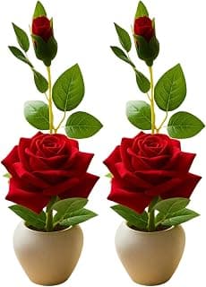 Sheux Artificial Red Rose Flowers with Pot | Elegant Home & Office Decorative Flowers | Tabletop & Desk Décor | Indoor & Balcony Artificial Red Roses | Festival Theme Decoration | Pack of 2
