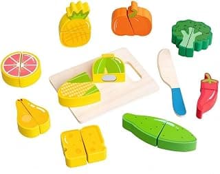 Slice-Apart Wooden Fruit Cutting Set Brightly Painted Sliceable Play Food Set Rounded Shapes Wooden Cutting Toy Colorful Printed Details for Children, Salad|Groceries & Supermarket Miniatur