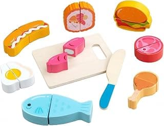Bright Colors Pretend Food Cutting Set Smooth Edges Wooden Food Slicing Toy Printed Details Wooden Cutting Toy Fine Motor Skills for Children, Lunch