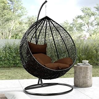 Furniture Single Seater Swing Chair with Stand & Cushion Outdoor Indoor Balcony Garden Patio,Powder Coated Frame,UV Protected Wicker,Premium Cushion NS-17