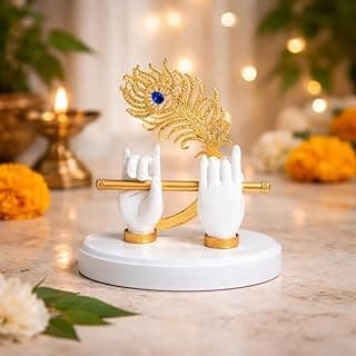 CraftVatika Goldplated Krishna Hand with Flute Idol Peacock Feather Mor Pankh Showpiece,Housewarming Gift, Birthday Wedding Anniversary Janmashtami Gift,Home Decor Decoration Items for Living Room