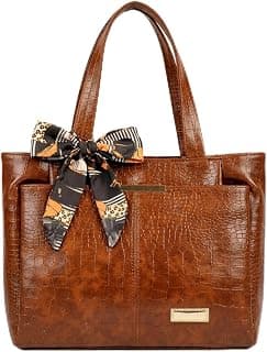Brown PU Leather Croco Tote Bag with 4 Compartments, Scarf Bow Detail, 14L Capacity | Pu Leather