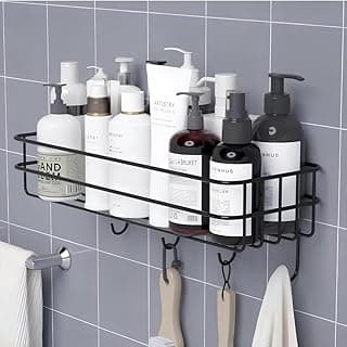Self-Adhesive Bathroom Shelf with Hooks - Space-Saving Wall Mounted Shelf for Bathroom Essentials - Durable, No-Drill Required - Sleek Design. (Pack of 1)