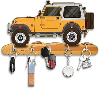 Webelkart Premium HD UV Printed Mahindra Thar Car Shape Designer Wooden Key Holder Home and Office Decor (11 X 6 Inch, Wood) (Yellow)