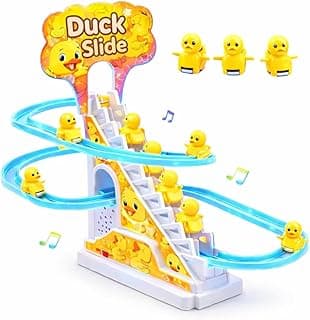 TEC TAVAKKAL Duck Slide Toy Set, Funny Automatic Stair-Climbing Ducklings Cartoon Race Track Set Duck Roller Coaster Escalator Toy with Flashing Lights & Music (Duck Slide Track Set)