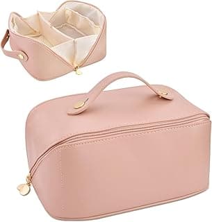 Makeup Cosmetic Bag for Women | Travel Makeup Organizer Pouch | Portable Leather Toiletry Bag with Handle | Wide Opening Cosmetic Case (Pink)