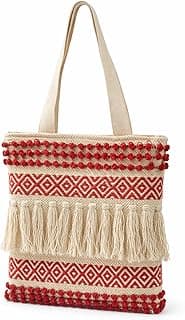 Woven Tote Bag with Tassel, Red and Natural Striped Pattern, Fringe Detail, Canvas Shoulder Bag, Eco Friendly, Womens Boho Style Handbag, 16x15 Inches