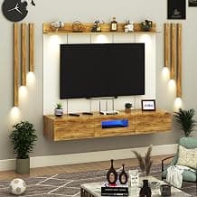 Anikaa LucenPro Engineered Wood Wall Mount TV Unit with PVC Back Panel, Acrylic Blue LED Storage Box, Side Wooden Accent Spot Light Panels I Deal for Up to 50 Inch TV (Giantwood - DIY Installation)