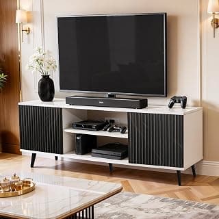 ABOUT SPACE TV Unit - Engineered Wooden TV Stand Table with Bottom Open Storage, Adjustable Shelves & 2 Non-Fluted-Effect Closed Cabinets for WiFi Router Stand (White &Black - L136 x B40.5 x H53 cm)