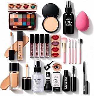 Makeup Combo Kit (18 Pieces) | Complete Makeup Gift Set with Eyeshadow Palette, Foundation, Compact, Primer, Concealer, Lipsticks, Mascara, Eyeliner, Makeup Fixer, Brushes & Beauty Blender